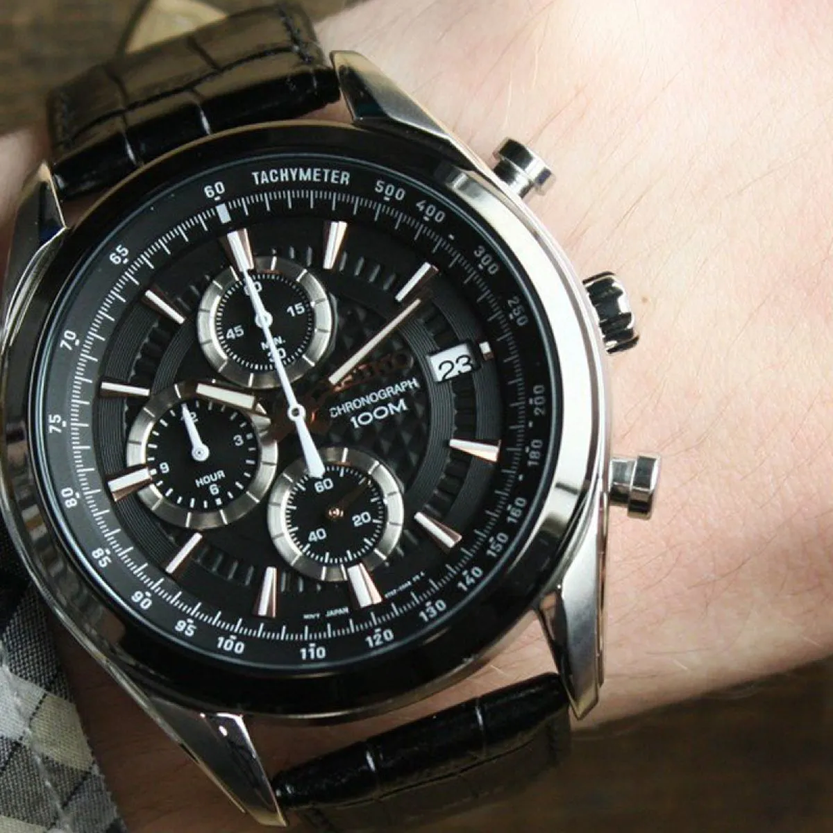 Seiko Leather Chronograph 45 mm Staal Zwart | SSB183P1 sold by Watch2Day product image thumbnail 4