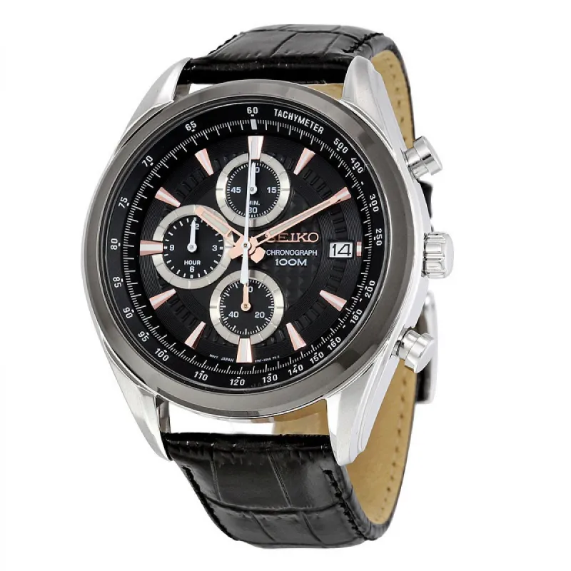 Seiko Leather Chronograph 45 mm Staal Zwart | SSB183P1 sold by Watch2Day