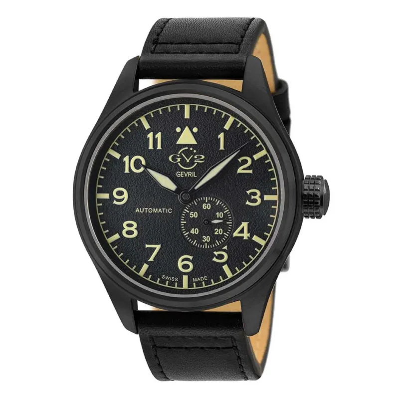 Gevril GV2 Men's Aeuronautica Black Dial Black Calfskin Leather Watch 18005 Heren Horloge sold by Watch2Day