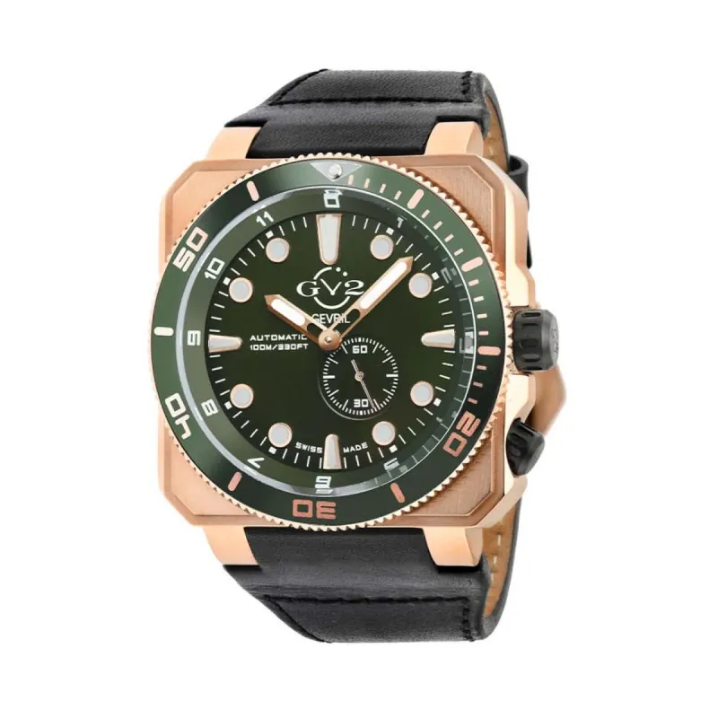 Gevril GV2 Automatic Men's XO Submarine Green Dial IP RG Case Black Calfskin Leather Watch 4533 Heren Horloge sold by Watch2Day