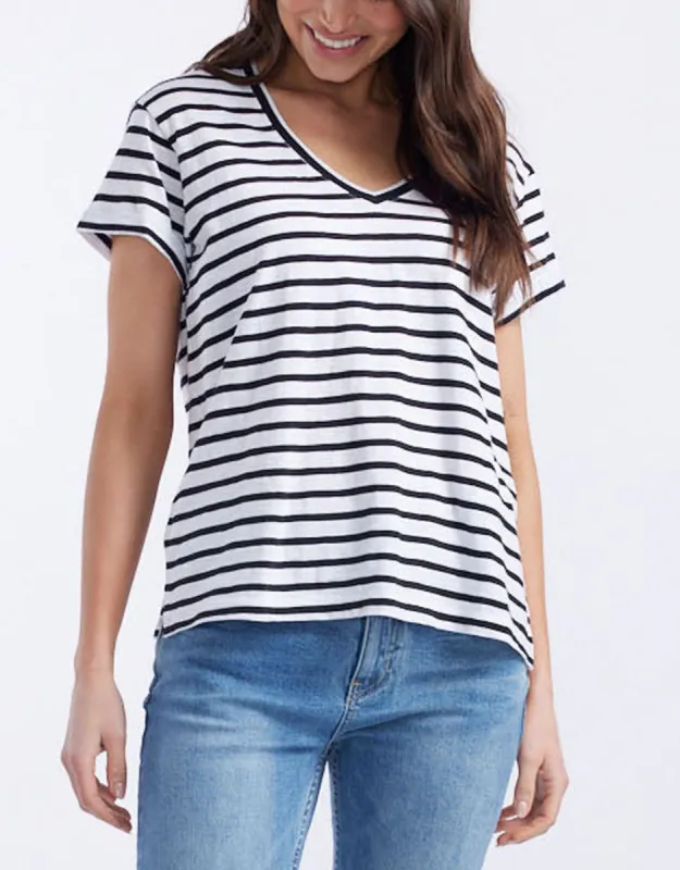 Turn Back V Neck T-Shirt - White/Black Stripe sold by White & Co