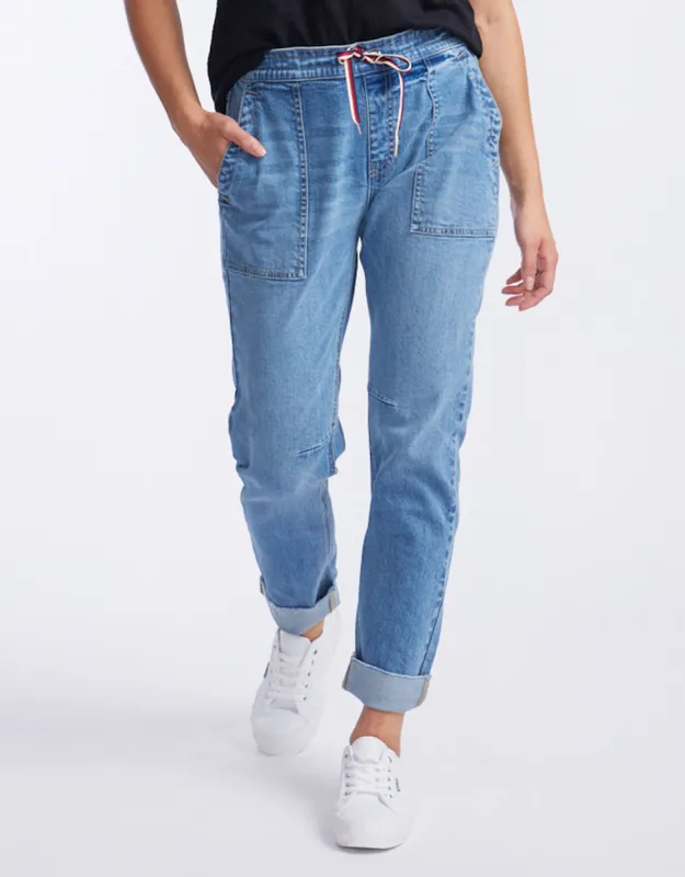 Cara Raw Hem Denim Jogger - Mid Wash sold by White & Co