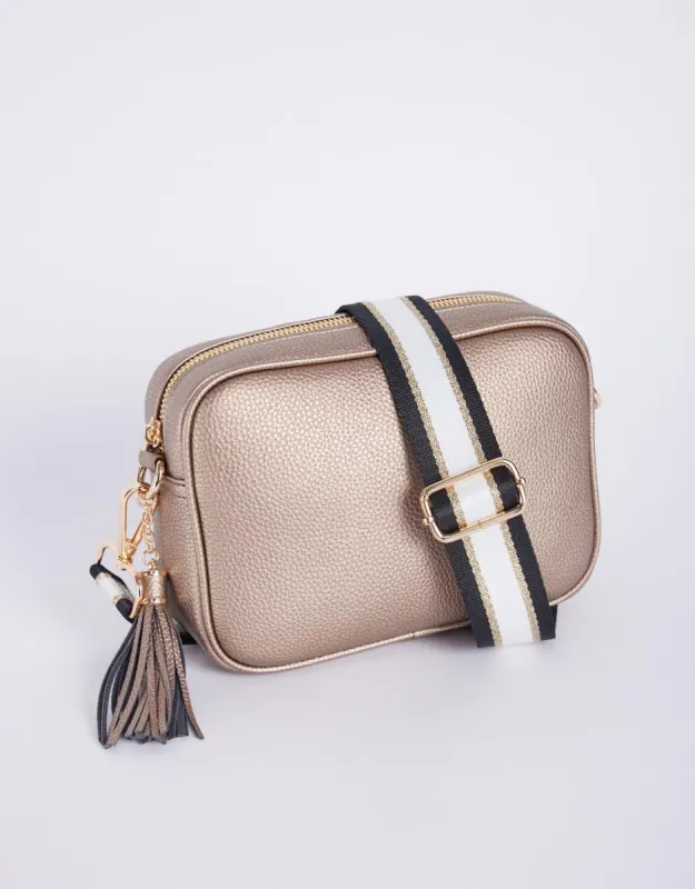 Zoe Crossbody Bag - Gold & Black/White Lurex Stripe sold by White & Co