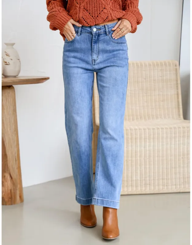 Stretch Wide Leg Jean - Mid Wash sold by White & Co