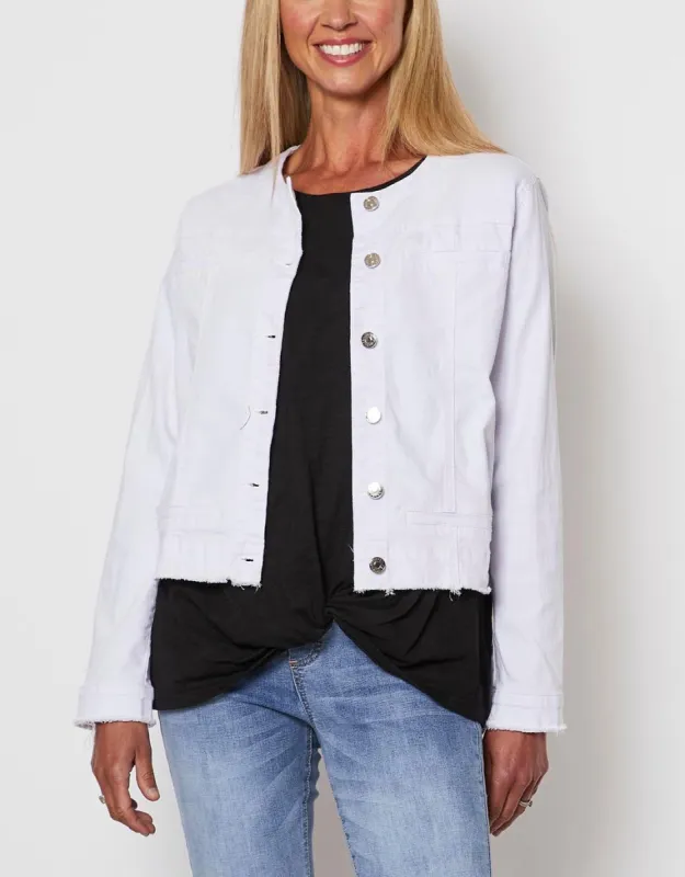 Collarless Denim Jacket - White sold by White & Co