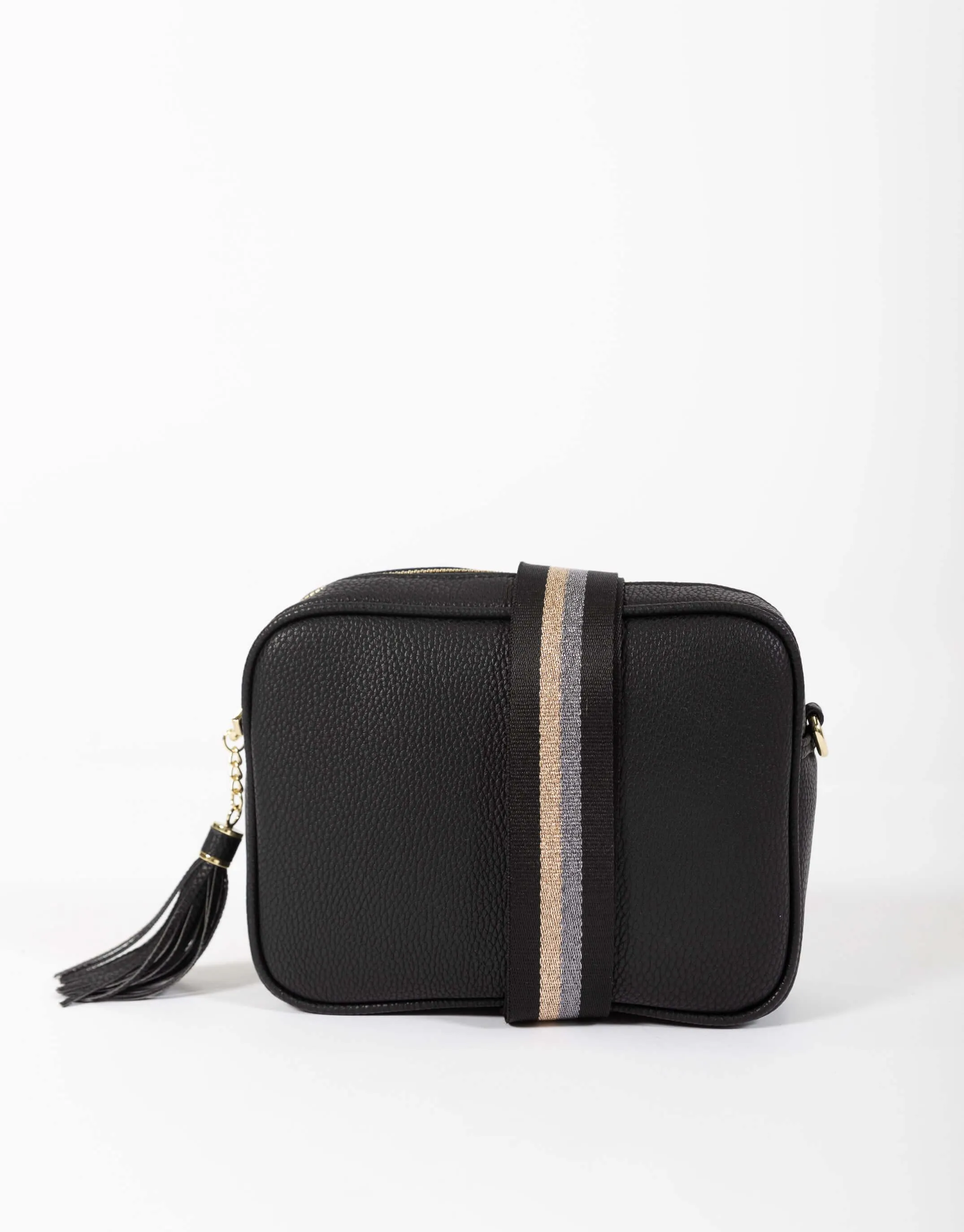 Zoe Crossbody Bag - Black & Black/Gold/Silver Lurex Stripe sold by White & Co