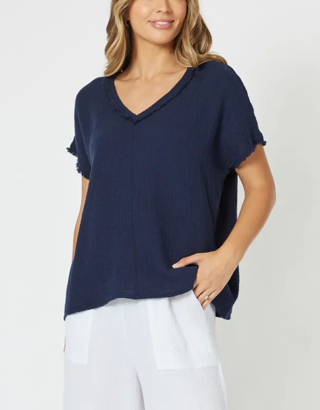 Byron Cotton V Neck Top - Navy sold by White & Co