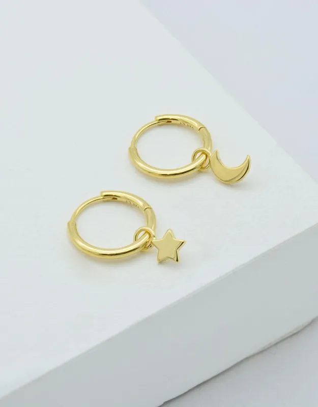 Star & Moon Huggie Hoop Earrings - Gold Plated sold by White & Co