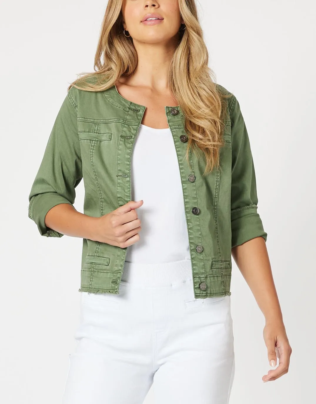 Collarless Denim Jacket - Khaki sold by White & Co