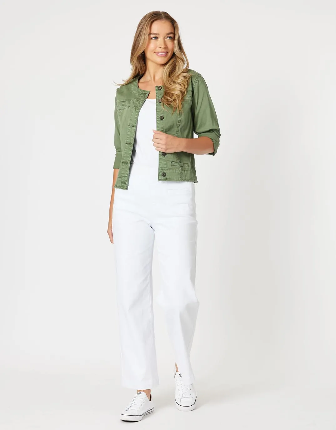 Collarless Denim Jacket - Khaki sold by White & Co product image thumbnail 2