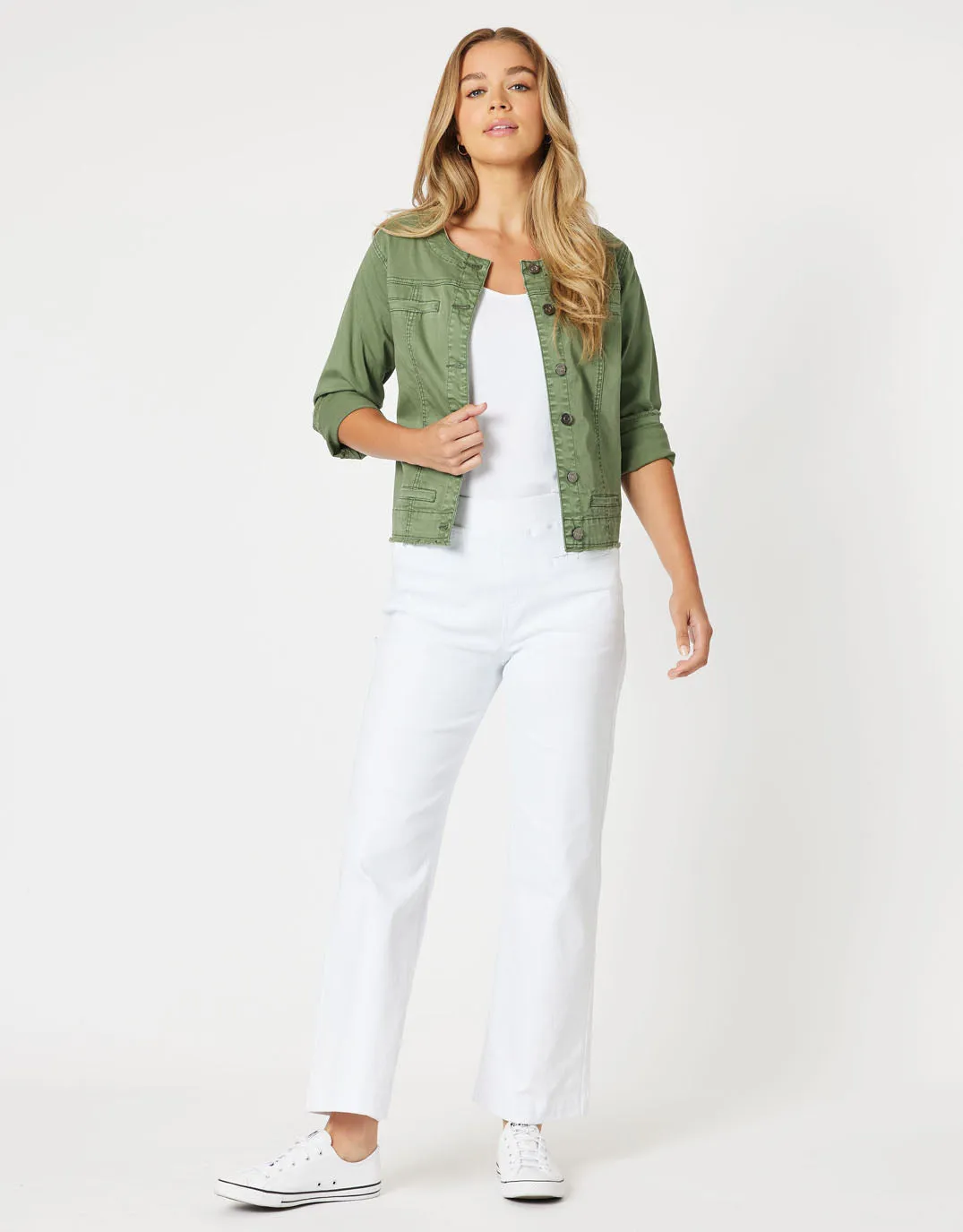 Collarless Denim Jacket - Khaki sold by White & Co product image thumbnail 3