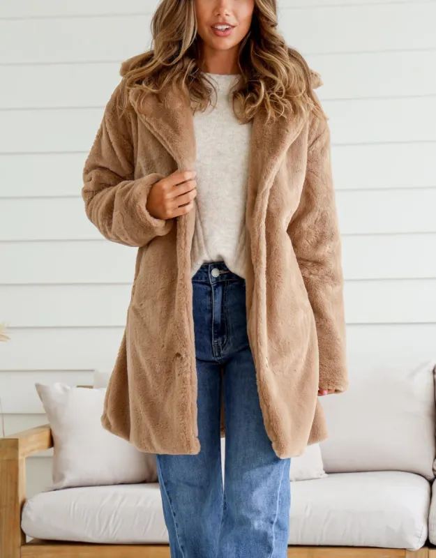 Teddy Faux Fur Jacket - Coffee sold by White & Co