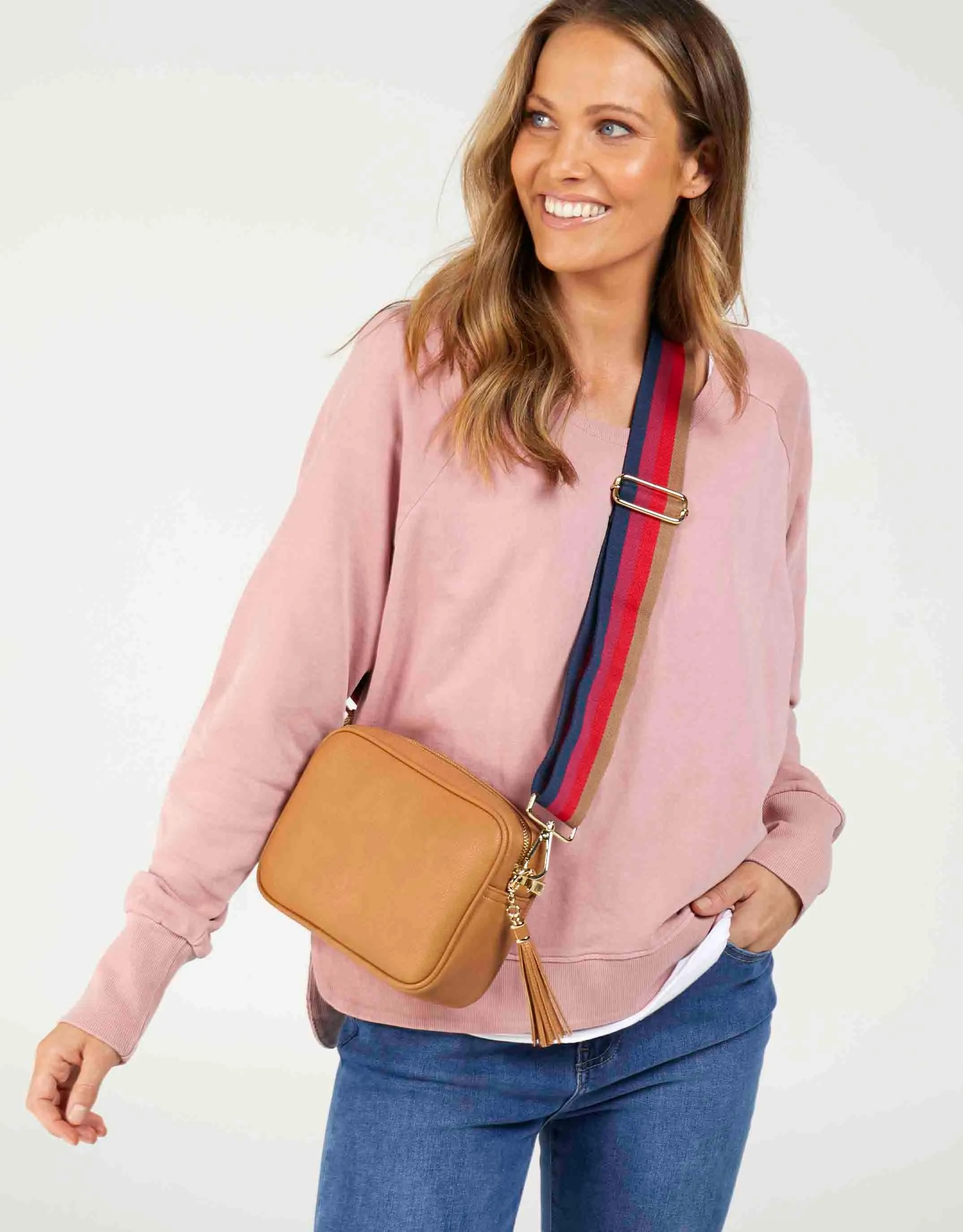 Zoe Crossbody Bag - Tan & Fuchsia Stripe sold by White & Co