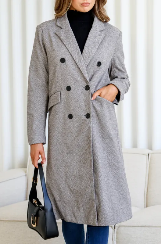 Waldorf Herringbone Double Breasted Coat - Black Herringbone sold by White & Co