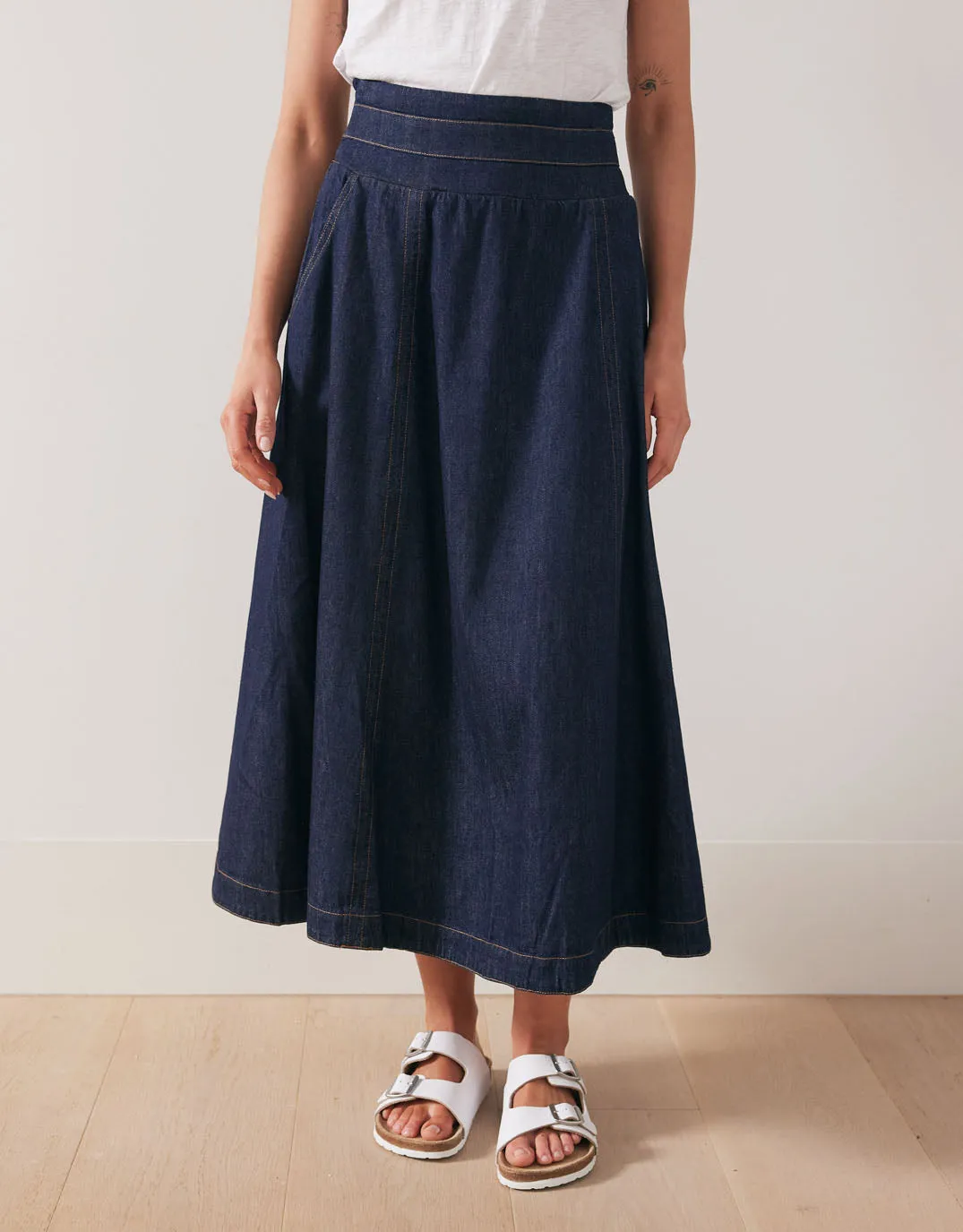 Dakota Denim Midi Skirt - Dark Denim sold by White & Co