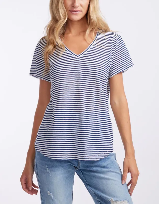 Sorbet Stripe Vee Neck Tee - Navy/White sold by White & Co