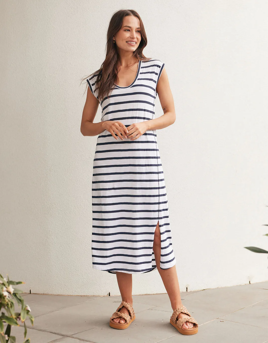 Cali Tank Dress - White/Navy Stripe sold by White & Co