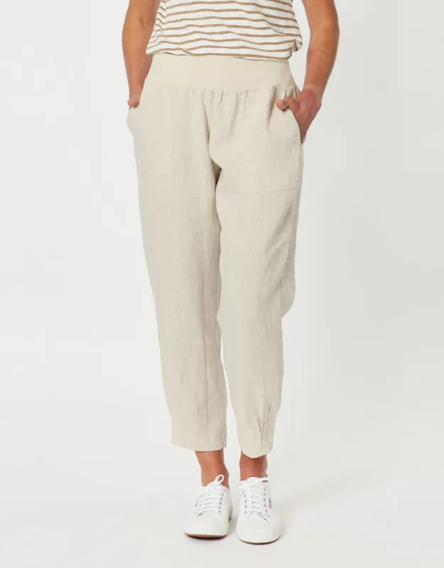 Sarah Rib Waist Linen Pants - Natural sold by White & Co