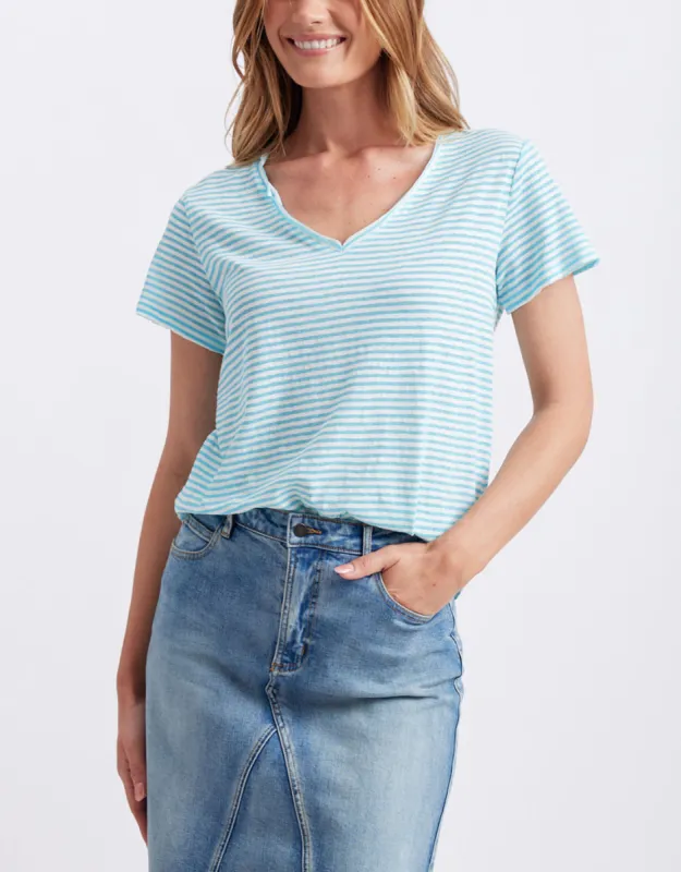 Sorbet Stripe Vee Neck Tee - Azure Blue sold by White & Co