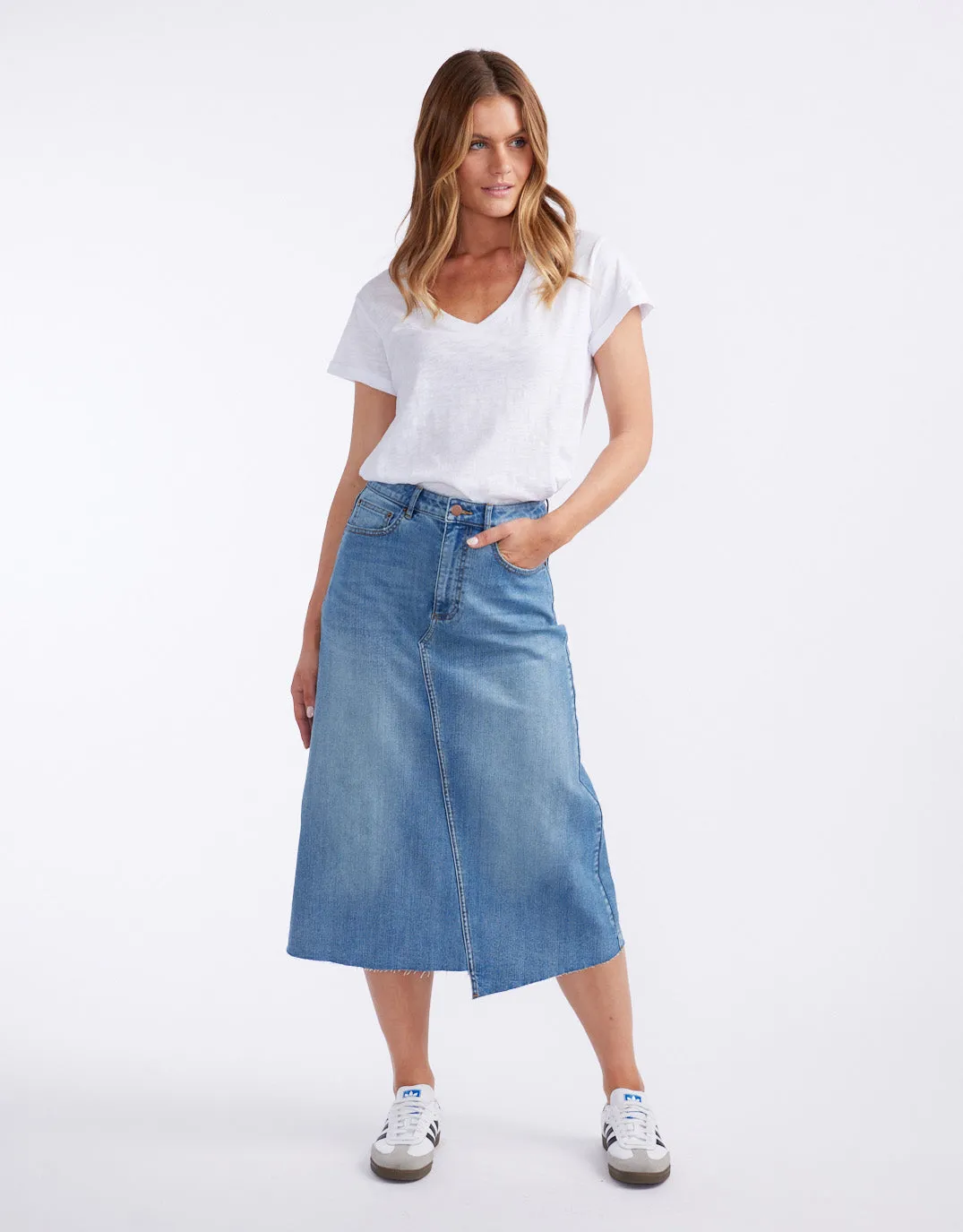 Elka Denim Skirt - Mid Wash sold by White & Co