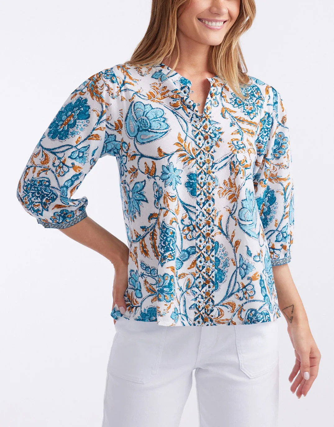 Scarlett Cotton Blouse - Blue/Gold sold by White & Co