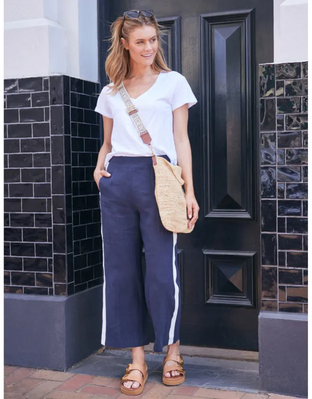 Deluxe 100% Linen Pants - Navy/White Stripe sold by White & Co