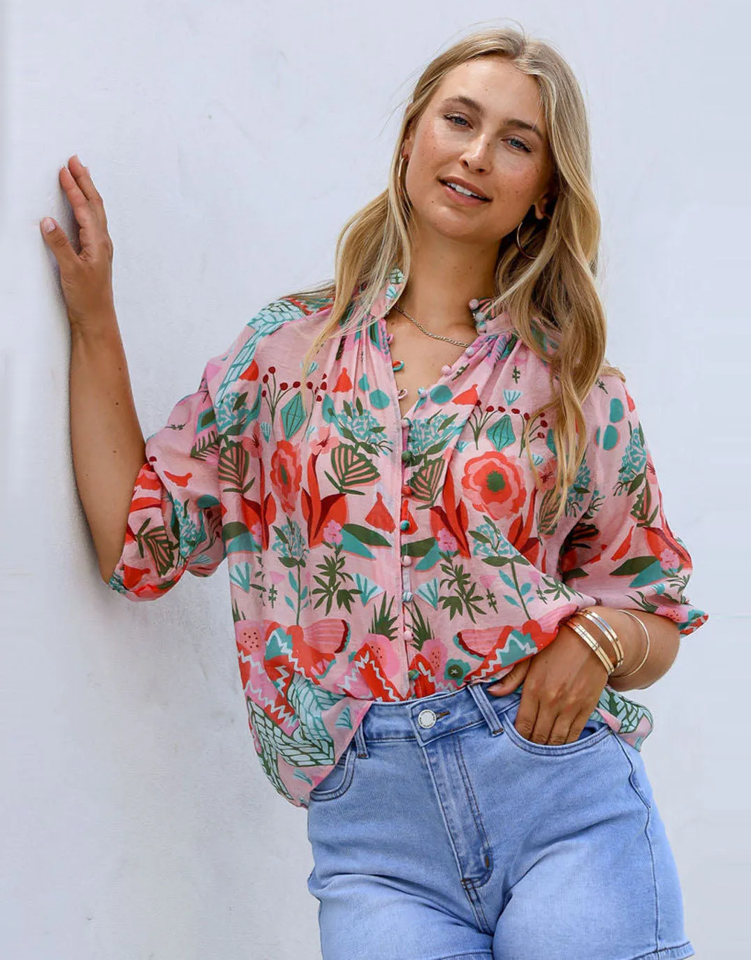 Ziggy Button Blouse - Pink Print sold by White & Co