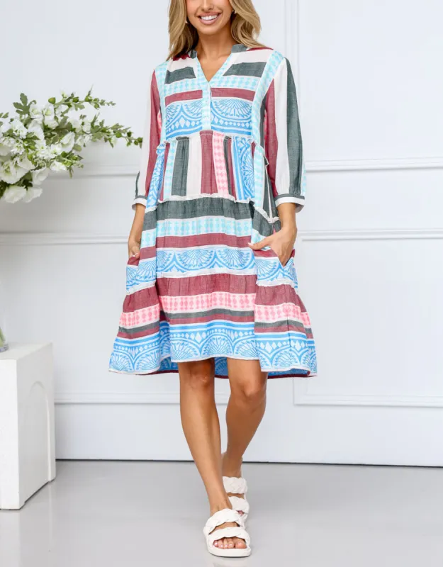 Mediterranean Dress - Blue/Pink/Charcoal sold by White & Co
