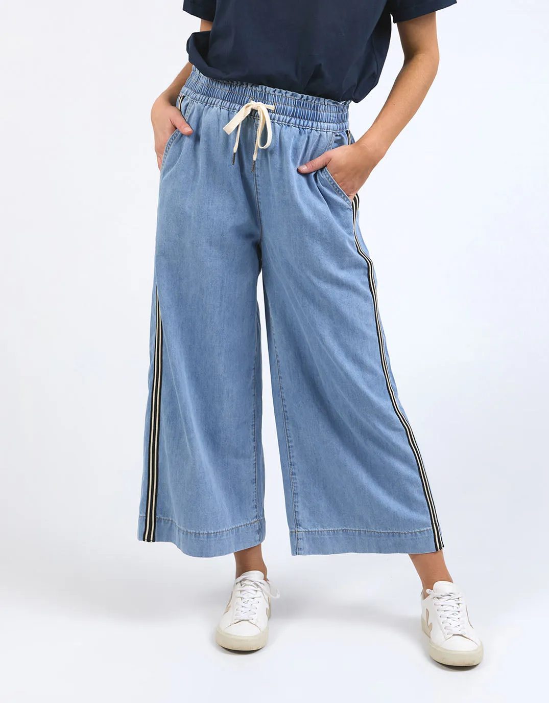 Greta Wide Leg Pant with Side Tape - Light Blue Wash sold by White & Co
