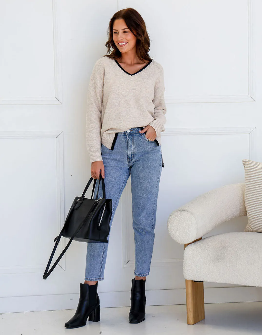 Everly Contrast Trim V Neck Knit - Natural/Black sold by White & Co product image thumbnail 2