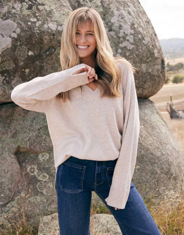 The French Quarter Wool Cashmere V Neck Knit Jumper - Oat/White sold by White & Co