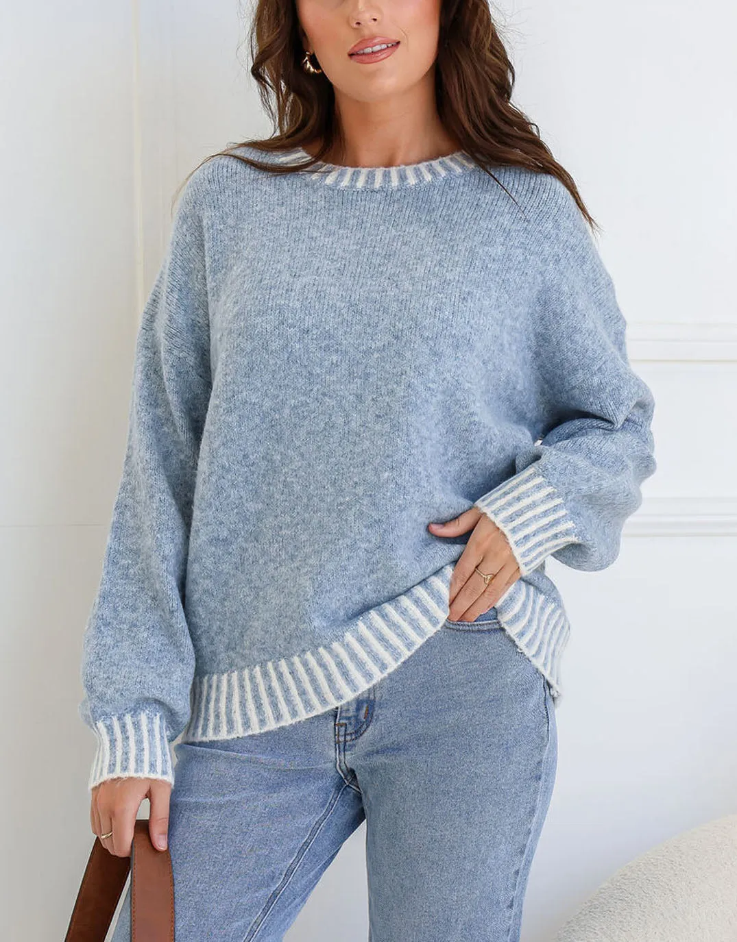 Tilly Wool Blend Crew Neck Knit - Powder Blue sold by White & Co
