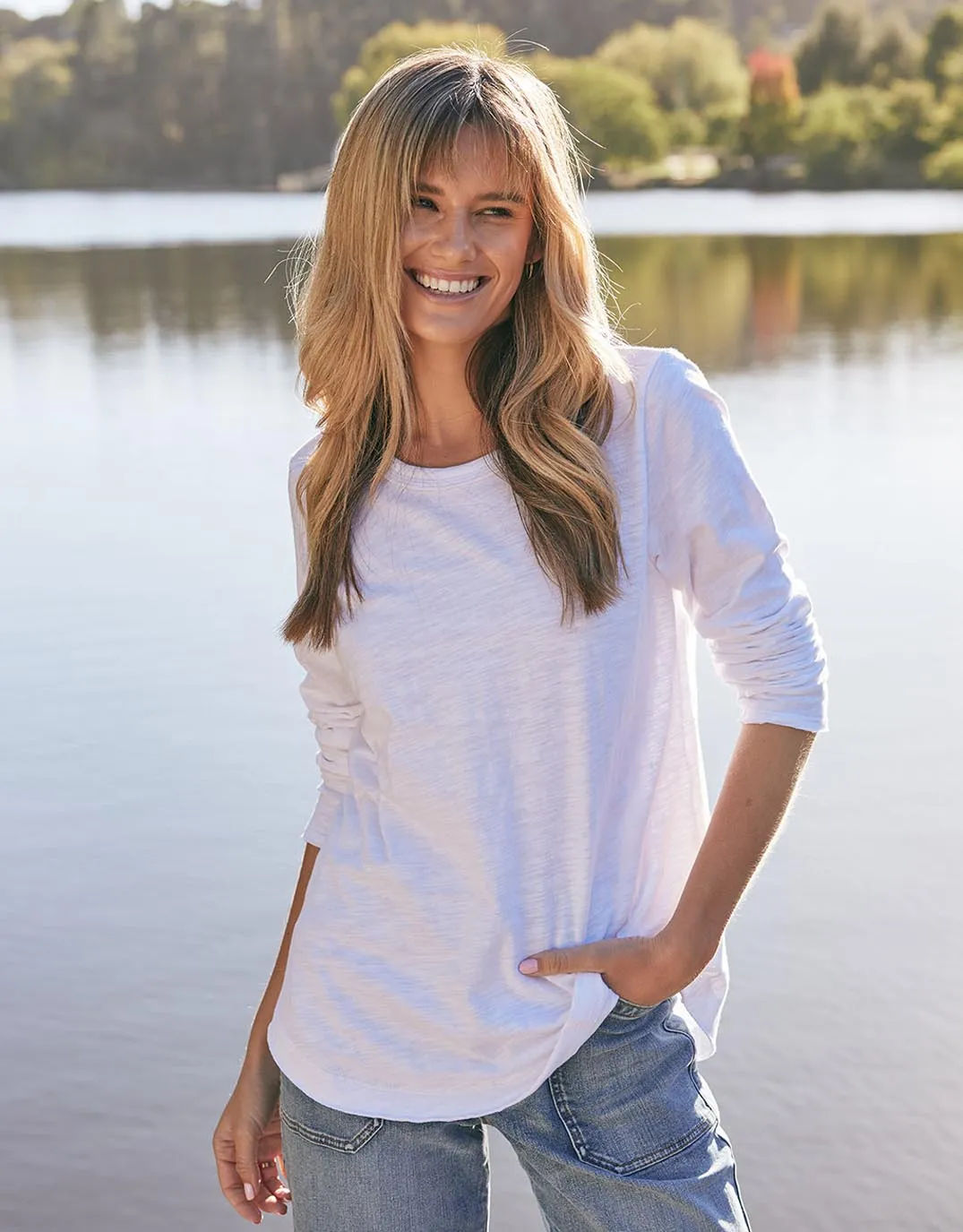 Essential Scoop Hem Long Sleeve T-shirt - White sold by White & Co