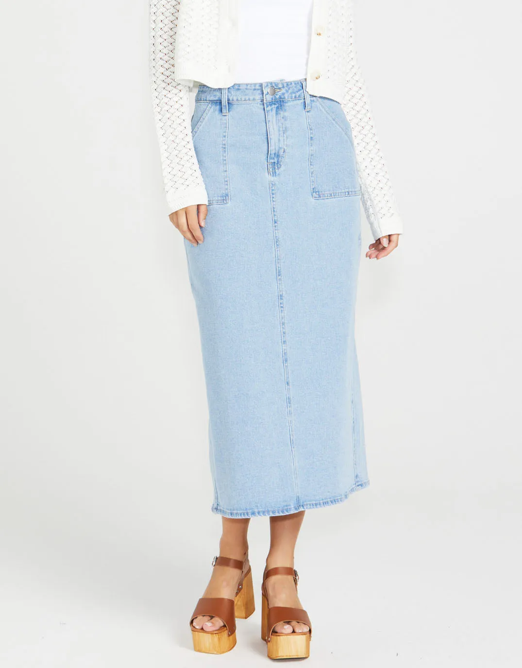 Isella Denim Midi Skirt - 92 Sandwash sold by White & Co