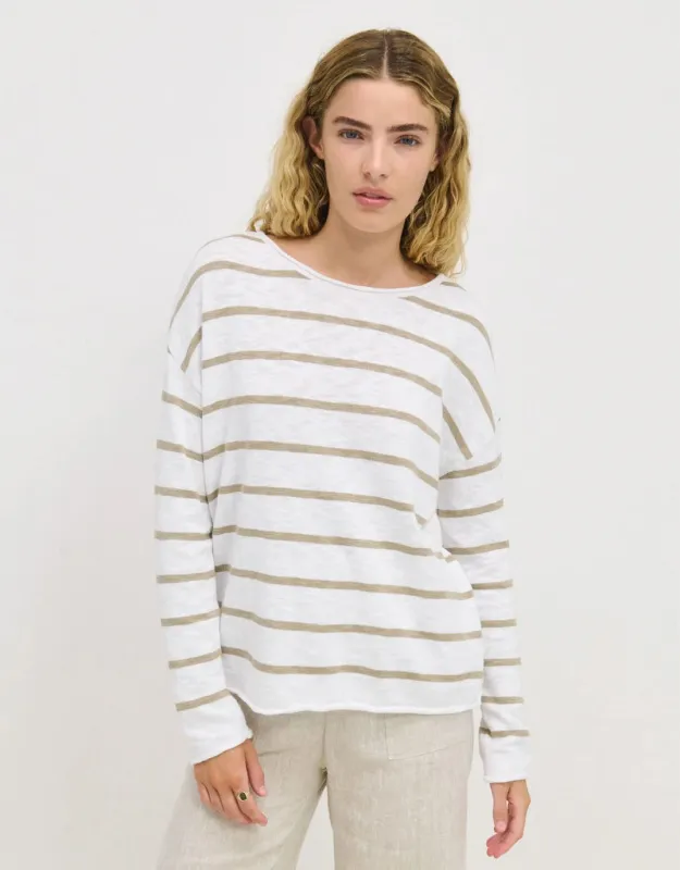 Minnie Knit Top - White/Khaki Stripe sold by White & Co
