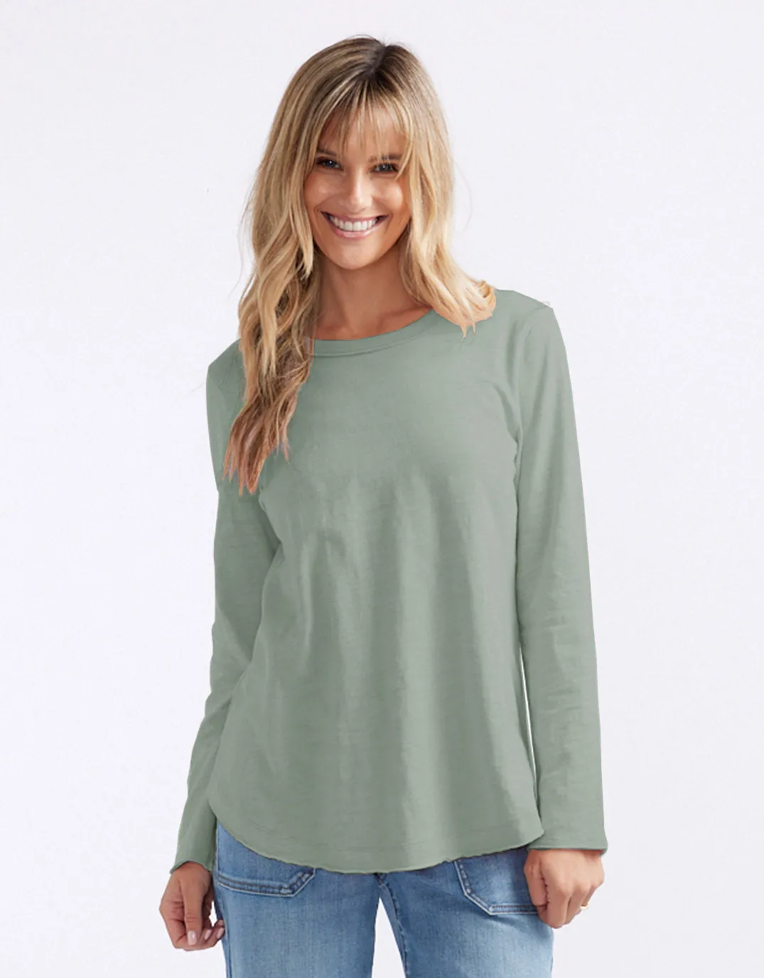 Essential Scoop Hem Long Sleeve T-shirt - Sage sold by White & Co