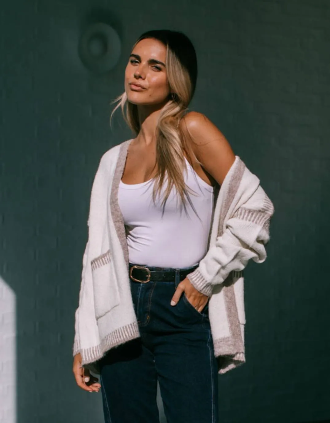 Billie Contrast Stitch Cardigan - Latte/Mocha sold by White & Co product image thumbnail 5