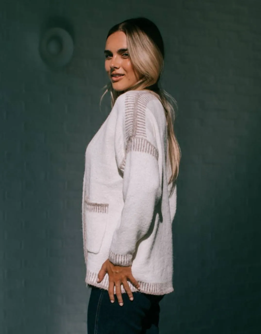 Billie Contrast Stitch Cardigan - Latte/Mocha sold by White & Co product image thumbnail 4