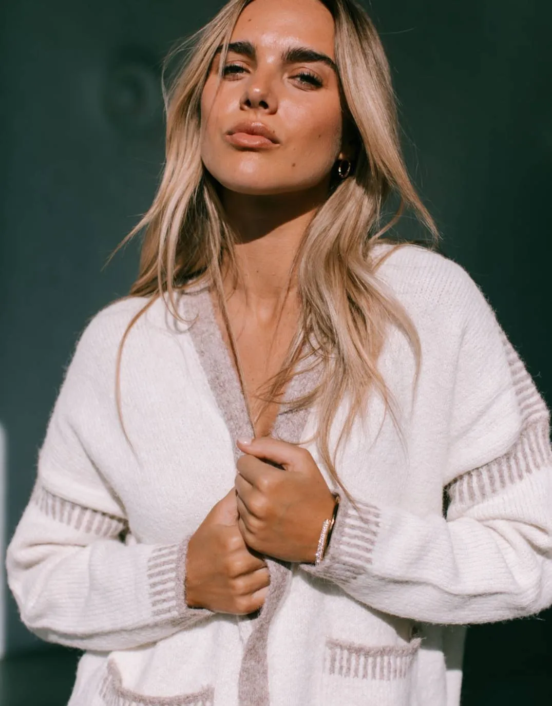 Billie Contrast Stitch Cardigan - Latte/Mocha sold by White & Co product image thumbnail 2