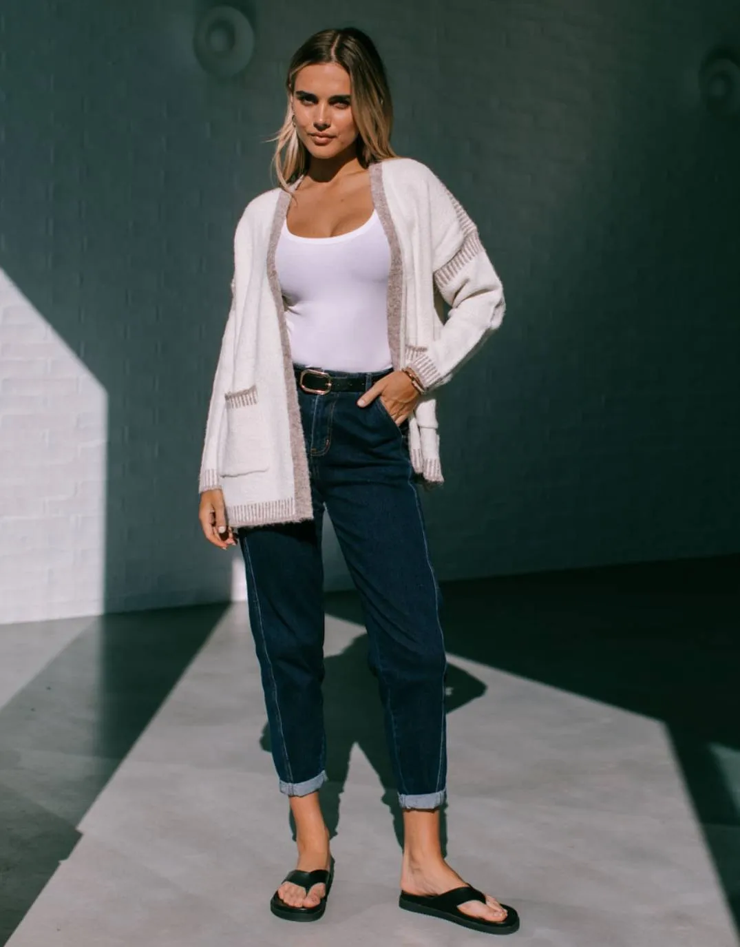 Billie Contrast Stitch Cardigan - Latte/Mocha sold by White & Co product image thumbnail 3