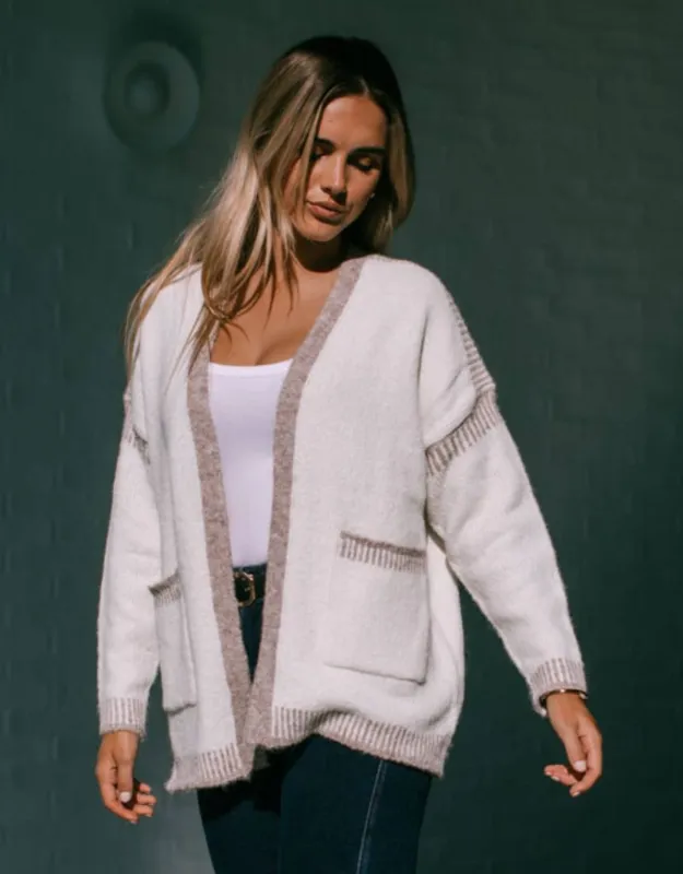 Billie Contrast Stitch Cardigan - Latte/Mocha sold by White & Co