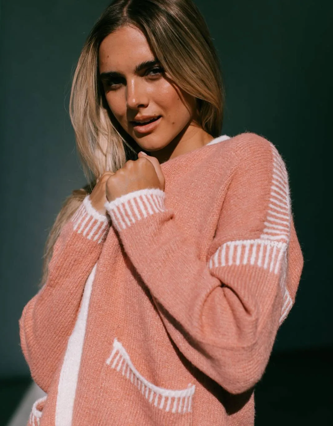 Billie Contrast Stitch Cardigan - Soft Rust/Winter White sold by White & Co product image thumbnail 2