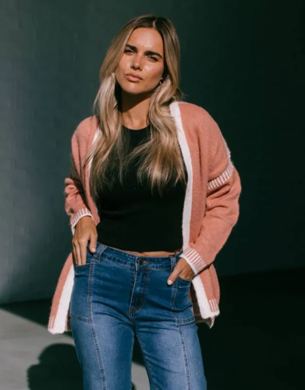 Billie Contrast Stitch Cardigan - Soft Rust/Winter White sold by White & Co