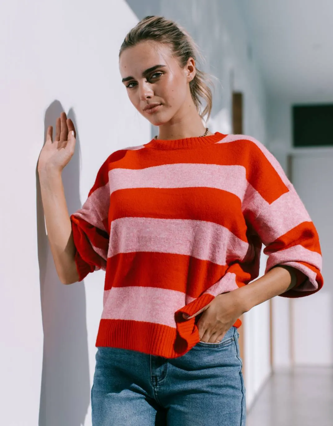 Frankie Stripe Knit - Red/Pink sold by White & Co