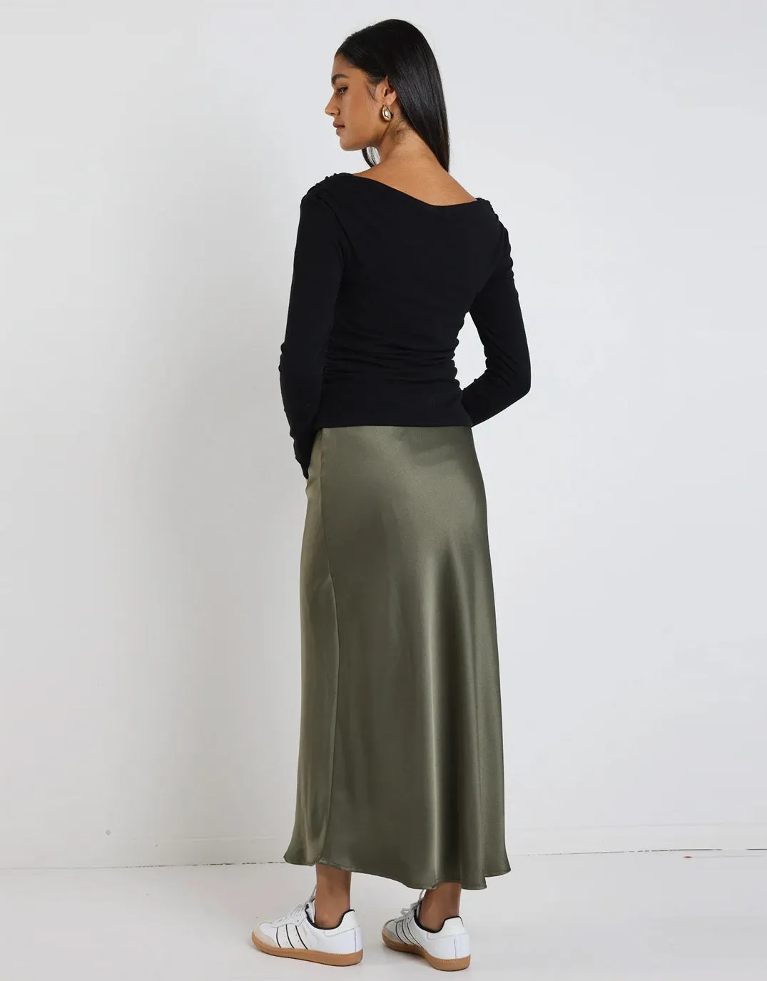 Rosette Satin Bias Midi Skirt - Khaki sold by White & Co product image thumbnail 4