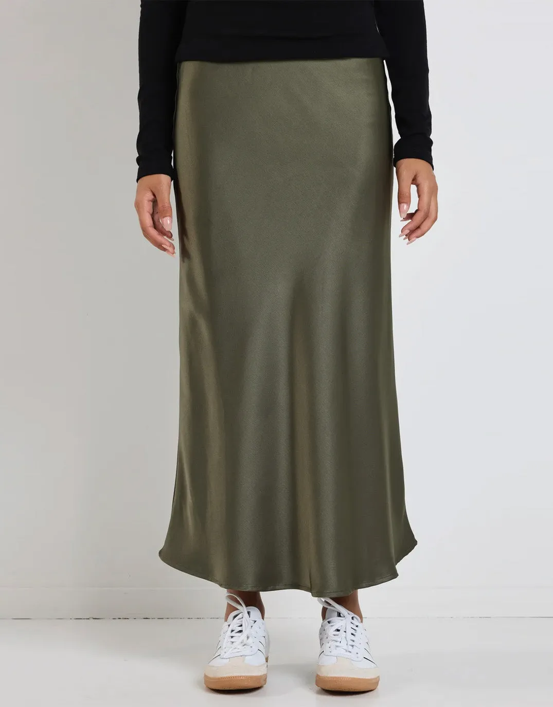 Rosette Satin Bias Midi Skirt - Khaki sold by White & Co product image thumbnail 5