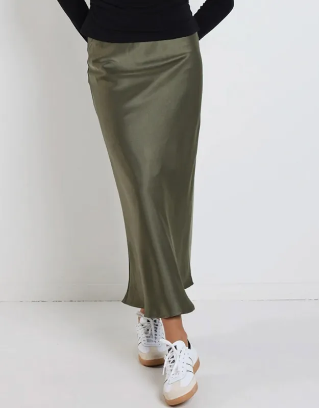 Rosette Satin Bias Midi Skirt - Khaki sold by White & Co