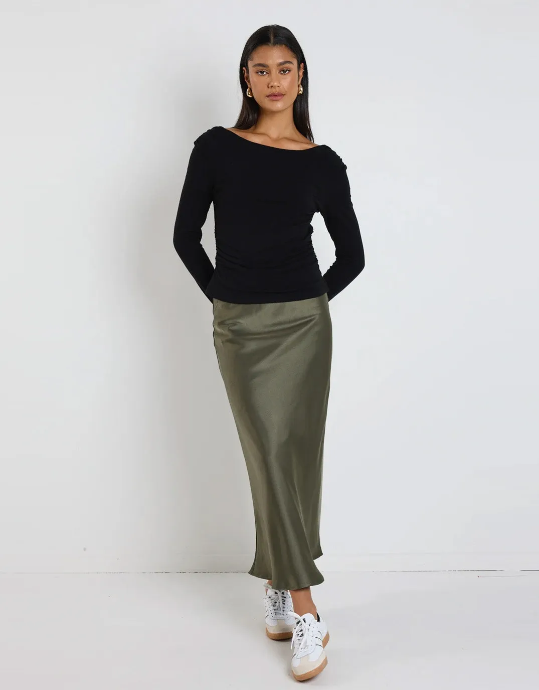 Rosette Satin Bias Midi Skirt - Khaki sold by White & Co product image thumbnail 2