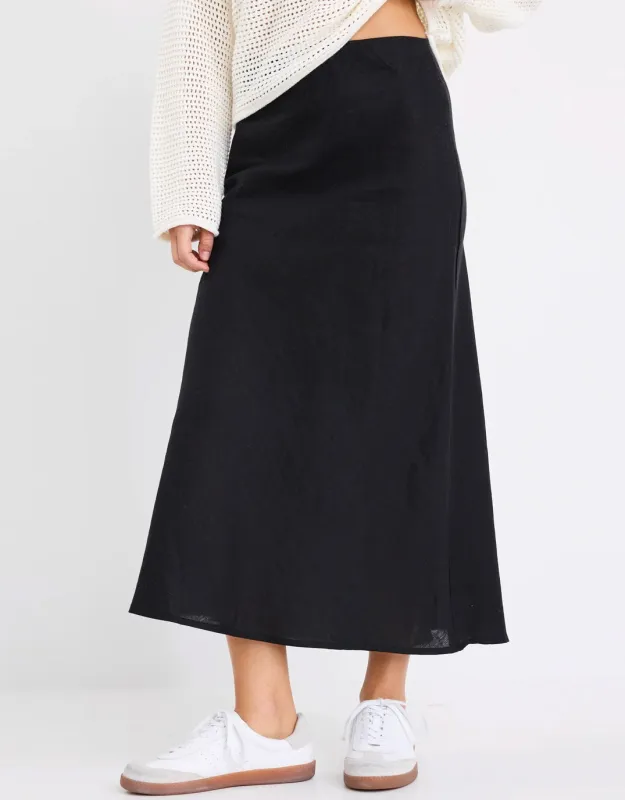Bliss Linen Bias Midi Skirt - Black sold by White & Co