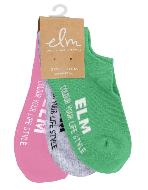 No Show Socks 3 Pack - Pink/Grey Marle/Green sold by White & Co